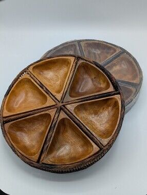 2 Pack Round Wooden Serving Tray with Six Compartments Brown Handcrafted 12"